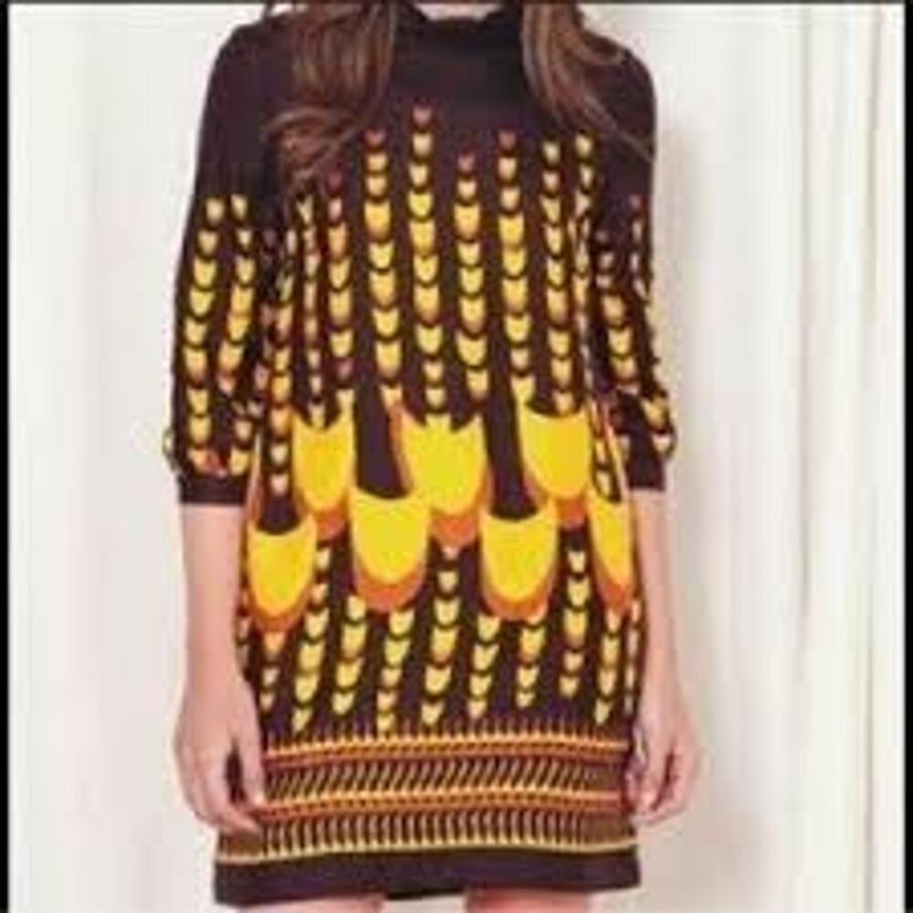 J. Crew 100% Silk Abstract Tunic 3/4 Sleeves Mini Dress Pockets 4 Brown Yellow
